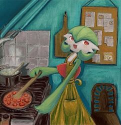  1girl apron bob_cut boiling buttons chair clothed_pokemon colored_skin cooking cooking_pot flat_chest food from_side frying_pan gardevoir green_hair green_skin gyura hair_between_eyes happy holding holding_frying_pan holding_spoon indoors looking_afar looking_back multicolored_skin open_mouth peel_(tool) pocket pokemon pokemon_(creature) red_eyes short_hair smile solo spoon standing stove tile_wall tiles two-tone_skin white_skin wooden_spoon yellow_apron 