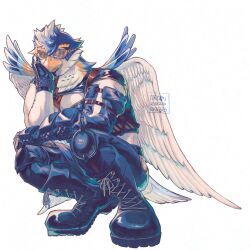  1boy another_eidos-r beak bird_boy bird_wings black_boots boots closed_mouth commentary_request dion_(another_eidos) feathered_wings furry furry_male goggles head_on_hand highres looking_to_the_side male_focus squatting ssbcuft9rl28751 white_background wings 