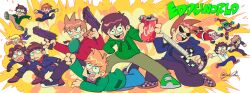  6+boys :d antenna_hair bass_guitar black_eyes blonde_hair blue_coat brown_hair can christopher_bingbong_(eddsworld) cleft_chin coat cola colored_skin commentary_request copyright_name curtained_hair drawstring drink_can dual_wielding dynamic_pose edd_(eddsworld) eddsworld eduardo_(eddsworld) everyone explosion eyepatch fender_precision_bass flipped_hair geruo green_hoodie green_jacket green_skin grin gun hair_behind_ear hair_ears handgun holding holding_bass_guitar holding_can holding_gun holding_instrument holding_mirror holding_weapon hollow_eyes hood hood_down hoodie instrument jacket jon_(eddsworld) jumping larry_(eddsworld) long_sleeves looking_at_viewer lying male_focus mark_(eddsworld) matt_(eddsworld) military_uniform mirror multiple_boys official_style open_clothes open_jacket open_mouth orange_hair pants patryck_(eddsworld) paul_(eddsworld) purple_hoodie red_hoodie santa_claus scared short_hair signature smile solid_circle_eyes spiky_hair suit susan_(eddsworld) swept_bangs thick_eyebrows tom_(eddsworld) toon_(style) tord_(eddsworld) weapon wide-eyed zanta_claws_(eddsworld) zombie 