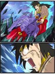  1boy broly_(dragon_ball_z) colored_skin cosplay crossover crushed dragon_ball dragon_ball_super dragon_ball_super_broly dragon_ball_z fighting gem gundam highres jewelry long_hair m_s_paragus mega_pokemon mega_starmie muscular muscular_male necklace no_eyes open_mouth pain paptimus_scirocco parody pokemon pokemon_(creature) purple_skin red_gem scene_reference shimada_bin spiky_hair starfish starmie topless_male voice_actor_connection wave_rider waverider_crash zeta_gundam 