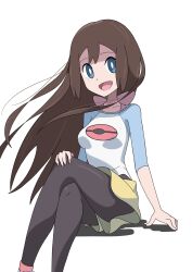  1girl absurdres araki_megami black_pantyhose blue_eyes blue_sleeves bow breasts brown_hair crossed_legs floating_hair foot_out_of_frame hand_on_own_knee highres invisible_chair open_mouth pantyhose pantyhose_under_shorts pink_bow poke_ball_print pokemon pokemon_bw2 print_shirt raglan_sleeves rosa_(pokemon) shirt short_shorts shorts simple_background sitting small_breasts solo white_background white_shirt yellow_shorts 