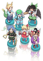  6+girls antlers arm_cannon arm_ribbon ascot asymmetrical_footwear backpack bag barefoot bird_wings black_shirt black_skirt blonde_hair blue_eyes blue_hair blue_shirt blue_shorts blush boots bow bracelet brown_boots brown_shoes cape chest_eye closed_mouth coat commentary_request control_rod_(touhou) crystal crystal_wings dragon_girl dragon_horns dragon_tail dress drill_hair eyewear_on_head feathered_wings flandre_scarlet frilled_skirt frills fuuzasa gloves green_bag green_bow green_hat green_skirt green_tail grin hair_bobbles hair_ornament hat hat_bow highres himemushi_momoyo holding holding_pickaxe holding_shovel horns jewelry kawashiro_nitori key key_necklace kicchou_yachie long_sleeves looking_at_viewer mary_janes mismatched_footwear multiple_girls necklace one_side_up open_clothes open_coat orange_ribbon pendant pickaxe pink_dress pointy_ears purple_coat red_eyes red_shoes red_skirt red_vest reiuji_utsuho ribbon round_eyewear rubber_boots shirt shoes short_hair shorts shovel skirt skirt_set smile square_neckline sunglasses tail third_eye toes top_hat touhou turtle_shell twin_drills two_side_up vest weapon white_bow white_cape white_gloves wings yellow_ascot yellow_horns yorigami_jo'on 
