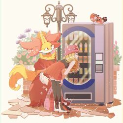  1girl 1other absurdres animal_ear_fluff animal_ears bird black_fur black_shirt black_thighhighs blonde_hair body_fur closed_mouth commentary delphox eyewear_on_headwear fletchling flower fox_ears fukkatsu_no_maya full_body furry hat highres long_hair looking_at_object multicolored_fur pink_flower pink_hat pokemon pokemon_(creature) pokemon_xy purple_flower red_eyes red_fur red_skirt roller_skates serena_(pokemon) shirt simple_background skates skirt sleeveless sleeveless_duster sleeveless_shirt snout standing thigh-highs untranslatable_commentary vending_machine white-framed_eyewear white_background white_fur yellow_fur 