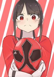  1girl absurdres animification assault_visor blunt_bangs blush bodysuit brown_hair closed_mouth commentary diagonal-striped_background elbow_gloves frown furrowed_brow gloves helmet high_collar highres holding holding_unworn_helmet long_hair looking_at_viewer nuuji_nuge ponytail red_background red_bodysuit red_eyes red_helmet red_theme samurai samurai_sentai_shinkenger shiba_kaoru shinken_red sidelocks solo split_mouth striped_background super_sentai tokusatsu unworn_headwear unworn_helmet upper_body white_background white_gloves white_trim 