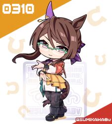  1girl animal_ears black_boots black_pantyhose blush boots breasts brown_hair capelet chibi chibi_only closed_mouth collared_shirt corset ear_covers full_body glasses green-framed_eyewear horse_ears horse_girl horse_tail jacket long_hair long_sleeves looking_at_viewer orange_capelet orange_jacket over-rim_eyewear pantyhose purple_ribbon ribbon royce_and_royce_(inspiring_genius)_(umamusume) royce_and_royce_(umamusume) semi-rimless_eyewear shirt single_ear_cover skirt smile solo sumikawa_(sumikawa8v) tail umamusume white_shirt white_skirt yellow_corset 