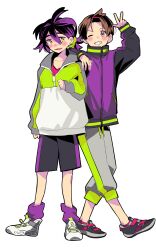  2boys alternate_costume alternate_hairstyle arm_on_another's_shoulder bangs_pinned_back black_hair blush brown_eyes brown_hair commentary_request florian_(pokemon) grin hair_between_eyes highres jacket kieran_(pokemon) long_sleeves looking_at_viewer male_focus mole mole_on_neck multicolored_hair multiple_boys one_eye_closed open_mouth pants pokemon pokemon_sv purple_hair purple_socks shoes shorts simple_background sleeves_past_wrists smile sneakers socks standing uzura_syouyu w white_background yellow_eyes 