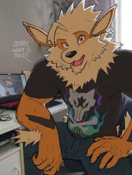 1boy arcanine artist_name black_shirt blue_shirt claws commentary denim english_commentary furry furry_male hand_on_own_thigh highres jeans looking_at_viewer male_focus only_jerry open_mouth pants photo_background pokemon pokemon_(creature) pov shirt sitting 