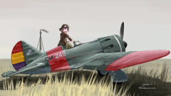  1girl absurdres aircraft airplane artist_name aviator_cap aviator_goggles black_survival blowing_bubble_gum brown_jacket character_request chewing_gum day dominoes eternal_return:_black_survival grass grey_sky highres i-16 jacket kudryavka_trop long_sleeves military military_vehicle pilot propeller_fighter purple_hair signature sitting sky solo spanish_civil_war vehicle_focus windsock 