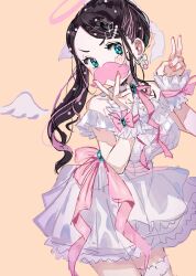  1girl bare_shoulders black_hair breasts commentary_request cowboy_shot double_v dress fake_facial_hair fake_mustache hair_ornament hairclip halo hands_up highres kaga_nazuna kaga_nazuna_(5th_costume) long_hair looking_at_viewer mole mole_under_eye multicolored_hair pink_halo pink_ribbon ribbon seimannu short_dress simple_background solo v virtual_youtuber vspo! white_dress white_wings wings 