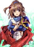  1girl akasaka_sakasu arle_nadja armor brown_eyes brown_hair cape half_updo puyopuyo shirt short_hair smile solo 