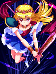  1girl akazukin_chacha armor blonde_hair blue_dress chacha_(akazukin_chacha) closed_mouth collarbone dress frown full_body gold_wrist_cuffs hairband highres holding holding_sword holding_weapon long_hair looking_at_viewer magical_princess mimimix red_eyes red_hairband short_dress shoulder_armor single_shoulder_pad solo sword two-tone_dress weapon white_dress winged_headwear 