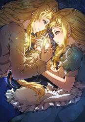  2girls abstract_background absurdres alice_zuberg apron black_background blonde_hair blue_dress blue_eyes blue_skirt brown_jacket child closed_mouth commentary_request cowboy_shot dress frilled_dress frills highres holding_hands jacket long_hair multiple_girls oboro_neko open_clothes open_jacket parted_lips photokinesis skirt smile sword_art_online sword_art_online:_alicization time_paradox waist_apron white_apron 