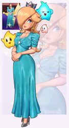  1girl absurdres blonde_hair blue_eyes breasts brie_larson commentary crown dress earrings english_commentary hair_over_one_eye highres jewelry long_hair luma_(mario) real_life_insert rosalina sarukaiwolf short_sleeves smile star_(symbol) star_earrings super_mario_bros. the_super_mario_galaxy_movie voice_actor_connection 