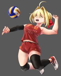  1girl ahoge ball blonde_hair breasts colored_eyelashes fate_(series) green_eyes highres jumping lacerdatheweeb large_breasts nero_claudius_(fate) nero_claudius_(fate/extra) playing_sports red_nails red_ribbon ribbon solo sportswear sweat sweatdrop volleyball volleyball_(object) volleyball_uniform 