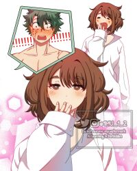 1boy 1girl =_= blush boku_no_hero_academia boyfriend's_shirt brown_eyes brown_hair commentary constricted_pupils green_hair hexagon highres midoriya_izuku mu_1_2 open_mouth oversized_clothes oversized_shirt pectorals scar scar_on_cheek scar_on_face shirt sleeves_past_wrists surprised twitter_username uraraka_ochaco watermark white_shirt yawning 
