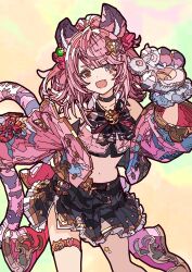  1girl absurdres animal_ears animal_hands bare_legs belly bow bowtie choker colorful_background commentary_request ear_ornament erune granblue_fantasy hair_ornament heterochromia highres jacket long_tail looking_at_viewer nicolanicconico open_mouth pink_hair pink_jacket short_hair skirt super_cidala tail thigh_sheath 