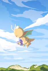  absurdres amazora_owl_02 blue_sky blush claws ditto dragon dragonite drifloon flying hat highres no_humans open_mouth outdoors pokemon pokemon_(creature) pokemon_focus pokemon_pokopia sky smile solid_circle_eyes tail transformed_ditto white_hat wings 