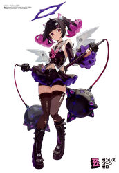 1girl absurdres ahoge artist_name artist_request bare_shoulders belt black_boots black_footwear black_hair blunt_bangs boots bow bowtie buttons choker closed_mouth copyright_name copyright_notice detached_sleeves frilled_sleeves full_body hair_ornament hairclip halo highres holding holding_polearm holding_weapon long_sleeves looking_to_the_side magazine_scan mechanical_wings megami_magazine midriff multicolored_hair nangong_yu nangong_yu_(rhapsody's_muse) official_art pink_bow pink_eyes pink_hair pink_ribbon ribbon sailor_collar scan short_twintails shorts simple_background skirt smile solo thighhighs third-party_source torn_clothes torn_legwear twintails white_background wings zenless_zone_zero zettai_ryouiki