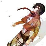  1girl belt black_eyes black_hair jacket kenao mikasa_ackerman scarf shingeki_no_kyojin short_hair solo thigh_strap 