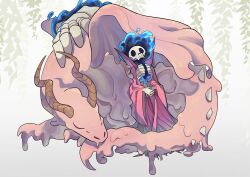  1girl absurdres blue_fire character_request closed_eyes dragon dragon_horns fire flaming_head flaming_skull full_body giant_hand highres horns osty_(slay_the_spire) purple_robe robe skeleton skull slay_the_spire slay_the_spire_2 sleeping the_necrobinder_(slay_the_spire) thornclaw 