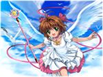  brown_hair card_captor_sakura cardcaptor_sakura hoshi_no_tsue kinomoto_sakura magical_girl mutsuki_(moonknives) sky wallpaper wand wings 