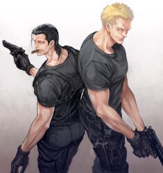 2boys arisue_kanako back-to-back black_gloves black_pants black_shirt blonde_hair cigar closed_mouth commentary_request crocodile_(one_piece) donquixote_doflamingo gloves gradient_eyes gun handgun holding holding_gun holding_weapon male_focus mature_male mouth_hold multicolored_eyes multiple_boys one_piece pants shirt short_hair short_sleeves stitched_face stitches teeth_hold weapon 