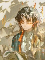  1girl absurdres arknights black_hair book chinese_clothes chinese_commentary closed_eyes closed_mouth colored_extremities commentary_request dragon_girl dragon_horns earrings eastern_dragon_horns eyeliner facing_viewer grey_background highres holding holding_book horns jewelry jie_(arknights) makeup multicolored_hair orange_eyeliner pointy_ears short_hair solo streaked_hair upper_body yellow_hands you_yeyou0904 