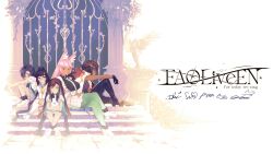  5girls :3 absurdres ahoge akari_(akihiroaka) animal_ear_fluff animal_ears arm_on_knee bare_shoulders black-framed_eyewear black_gloves black_hair black_pants black_shirt blue_eyes blue_hair breasts bright_pupils brown_eyes bug butterfly character_signature clothing_cutout collared_shirt colored_inner_hair column commentary crossed_ankles dark-skinned_female dark_skin door english_commentary floppy_ears fox_ears fox_girl full_body glasses gloves green_eyes green_pantyhose grey_skirt hair_ornament hair_over_one_eye high_heels highres holding holding_stuffed_toy idol_clothes ikari_(bamboowacker) jacket jacket_on_shoulders knee_up knees_up large_breasts long_hair mia_(meowtterin) multicolored_hair multiple_girls neckerchief necktie original pants pantyhose pedestal pillar pink_hair puffy_short_sleeves puffy_sleeves round_eyewear sasha_(statik-chrome) shirt shoes short_sleeves shoulder_cutout sitting sitting_on_stairs skirt smile sno_(snorezu) stairs statik-chrome statue stuffed_animal stuffed_rabbit stuffed_toy thick_eyebrows very_long_hair white_jacket white_necktie white_pupils white_shoes white_skirt yellow_eyes yellow_neckerchief 