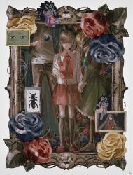  1boy 2girls absurdres ant ascot black_socks blonde_hair blue_flower blue_rose brown_hair brown_pants bug coat disembodied_eye doll doll_(ib) dress expressionless flower full_body garry_(ib) green_dress hand_on_another's_shoulder head_out_of_frame highres holding holding_flower ib_(ib) ib_(kouri) kerioka_1 kneehighs lady_in_red_(ib) long_hair long_sleeves looking_at_viewer mary_(ib) multiple_girls open_clothes open_coat painting_(object) pants picture_frame red_ascot red_eyes red_flower red_rose red_shoes red_skirt rose shirt shoes skirt socks standing white_shirt yellow_flower yellow_rose 