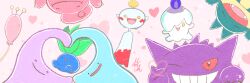  alternate_color chimecho closed_eyes closed_mouth commentary_request ditto fangs gengar grin heart lickilicky litwick moromari_illust munchlax no_humans oddish one_eye_closed one_eye_covered open_mouth pokemon pokemon_(creature) pokemon_focus shiny_and_normal shiny_pokemon signature skitty smile solid_circle_eyes solid_oval_eyes teeth 