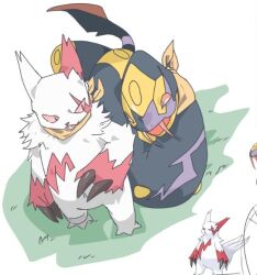  claws commentary_request fangs grass korean_commentary maenggyul98785 pokemon pokemon_(creature) red_eyes red_fur seviper snake two-tone_fur white_fur zangoose 
