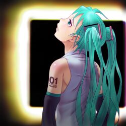  1girl aqua_eyes aqua_hair arm_warmers armpit_crease arms_at_sides bare_shoulders black_arm_warmers bloom blurry blurry_background character_name_tattoo collared_shirt crying crying_with_eyes_open from_behind furrowed_brow hatsune_miku head_back long_hair looking_up number_tattoo parted_lips profile shirt shoulder_tattoo sleeveless sleeveless_shirt solo square square_hair_ornament tattoo tears twintails upper_body very_long_hair vocaloid white_shirt wokada 