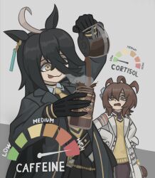  2girls absurdres agnes_tachyon_(tach-nology)_(umamusume) agnes_tachyon_(umamusume) ahoge animal_ears black_choker black_coat black_gloves black_hair black_necktie black_pantyhose black_shirt black_skirt brown_hair chemical_structure choker closed_mouth coat coffee coffee_mug coffee_pot collared_shirt commentary cork cortisol_level_(meme) cup dancing duhota ear_tag earrings english_commentary gloves hair_between_eyes hands_on_own_hips highres holding holding_cup horse_ears horse_girl horse_tail jewelry lab_coat long_bangs long_hair long_hair_between_eyes long_sleeves looking_at_another manhattan_cafe_(creeping_shadow)_(umamusume) manhattan_cafe_(umamusume) meme mug multicolored_hair multiple_girls necktie open_mouth pantyhose pouring red_eyes shirt short_necktie single_earring skirt sleeves_past_fingers sleeves_past_wrists smile sweater sweater_vest tail test_tube tongue tongue_out umamusume white_coat white_hair wolf_cut yellow_eyes yellow_necktie yellow_sweater yellow_sweater_vest 