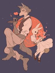  1boy 1girl animal_ears barefoot beastars black_eyes claws commentary dress english_commentary flower full_moon furry furry_female furry_male haru_(beastars) highres holding katie_o'neill legoshi moon necktie petals puffy_sleeves rabbit_ears rabbit_girl red_moon school_uniform shoes socks tail wolf_boy wolf_ears wolf_tail 