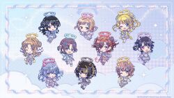  6+girls angel_wings asakura_toru black_hair blonde_hair blue_eyes blue_hair blue_halo brown_eyes brown_hair chibi chibi_only claw_pose demon_horns demon_tail demon_wings dress frilled_dress frills fukumaru_koito green_eyes green_halo grey_halo grimace hachimiya_meguru hair_ornament hairclip halo higuchi_madoka horns ichikawa_hinana idolmaster idolmaster_shiny_colors idolmaster_shiny_colors_song_for_prism ikaruga_luca ikuta_haruki kazano_hiori long_hair multicolored_hair multiple_girls off_shoulder official_art one_eye_closed open_mouth pink_eyes pink_halo purple_halo red_eyes sakuragi_mano short_hair streaked_hair suzuki_hana tail twintails waving_hands white_dress wings yellow_eyes yellow_halo 