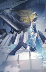  1girl aqua_hair aqua_necktie arms_up black_boots black_skirt blue_eyes boots detached_sleeves grand_piano grey_shirt hatsune_miku highres instrument knees_up looking_at_viewer miniskirt necktie one_eye_closed open_mouth piano piano_keys pleated_skirt shirt single_sleeve sitting skirt sleeveless sleeveless_shirt stretching suzumori_uina thigh_boots vocaloid wide_shot 