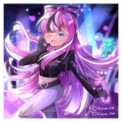 bow bow-shaped_hair cookie_run:_ovenbreak cropped_jacket eyelashes glitter glitter_in_hair hair_ornament headset heart holding holding_microphone holding_microphone_stand jaime_2526 long_hair microphone microphone_stand multicolored_hair one_eye_closed pants pink_hair shining_glitter_cookie smile third-party_source white_pants