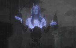  1girl 1other alexandra_drennan android binary clothes_writing clouds cloudy_sky commentary cowboy_shot english_commentary flat_chest greyscale hands_up highres hologram looking_up monochrome mrmichaelissebastian rain shirt short_sleeves sky solo spot_color superimposition t-shirt the_talos_principle_(series) the_talos_principle_1 