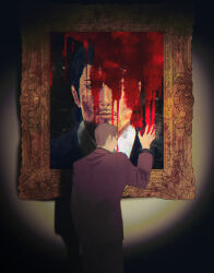  1boy beard black_hair blood blood_on_hands blood_stain brown_hair commentary_request dojima_daigo facial_hair hair_slicked_back highres male_focus mine_yoshitaka painting_(object) picture_frame pinstripe_pattern pinstripe_suit portrait_(object) red_suit ryuu_ga_gotoku_(series) ryuu_ga_gotoku_3 solo_focus suit tyag53 
