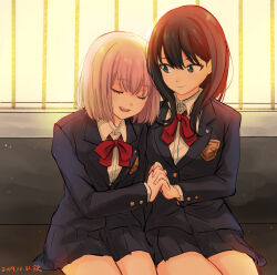  2girls bench black_hair black_jacket black_skirt blue_eyes bow bowtie closed_eyes collared_shirt commentary dated gridman_universe holding_hands jacket long_hair long_sleeves looking_at_another medium_hair multiple_girls open_mouth pink_hair pleated_skirt red_bow red_bowtie school_uniform shinjou_akane shirt sitting skirt smile ssss.gridman takarada_rikka tenten_(kitty) white_shirt yuri 