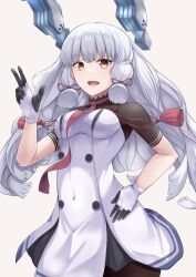  1girl absurdres black_pantyhose blunt_bangs blush breasts cowboy_shot dress floating_headgear gloves glowing_headgear grey_hair hair_ribbon headgear highres kantai_collection long_hair looking_at_viewer murakumo_(kancolle) murakumo_kai_ni_(kancolle) necktie onozuka_yuruo orange_eyes pantyhose red_necktie ribbon sailor_dress short_eyebrows smile solo thighband_pantyhose tress_ribbon v white_background white_hair 