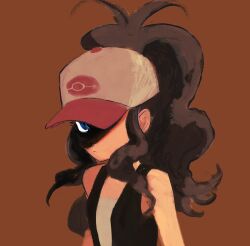  1girl baseball_cap black_vest blue_eyes brown_background brown_hair expressionless hat high_ponytail highres hilda_(pokemon) looking_at_viewer partially_shaded_face pokemon pokemon_bw ponytail sidelocks solo suagrsquare tank_top upper_body vest white_hat white_tank_top 