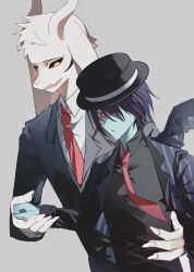  1boy 1other absurdres adoptive_siblings arm_around_waist asriel_dreemurr asriel_dreemurr_(god_of_hyperdeath) black_hat black_shirt blue_skin colored_skin deltarune furry furry_male hat highres hikokisleep247 holding holding_hands jacket kris_(dark_world)_(deltarune) kris_(deltarune) kris_(gangster)_(deltarune) long_sleeves necktie official_alternate_costume pants red_eyes red_necktie shirt short_hair siblings simple_background striped_clothes striped_jacket undertale utdr_(toby_fox) 