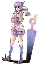  1girl arm_up ayane_(doa) breasts bug butterfly cardigan cellphone cellphone_charm character_charm charm_(object) closed_mouth dead_or_alive fer_yoshimiya hairband hidden_weapon highres holding holding_phone honoka_(doa) kasumi_(doa) kneehighs kunai looking_to_the_side marie_rose necktie ninja phone pleated_skirt purple_hair purple_hairband purple_skirt red_eyes school_uniform shadow short_hair shuriken skirt socks solo thigh_strap thighs weapon weapon_in_garters white_background 