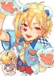  1boy :d animal_collar animal_ears animal_hands asymmetrical_hair bear_ears bear_tail belt blonde_hair blue_belt blue_shirt blue_streaks blush breast_pocket chibi chibi_inset collar commentary ensemble_stars! facial_mark fake_animal_ears fangs foreshortening from_above gloves half-closed_eyes heart heart_facial_mark highres looking_at_viewer looking_back male_focus multicolored_hair multiple_views necktie nito_nazuna noiikun official_alternate_costume open_mouth paw_gloves paw_shoes pocket red_eyes red_shoes shirt shoes short_hair short_sleeves signature simple_background smile sparkle streaked_hair striped_clothes striped_necktie tail teeth untranslatable_commentary white_background white_shoes yellow_collar yellow_necktie 