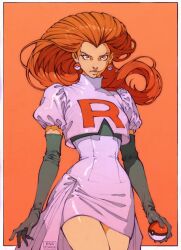  1girl artist_name black_gloves border breasts closed_mouth cowboy_shot crop_top dress elbow_gloves ena_bianca gloves hair_slicked_back high-low_dress holding holding_poke_ball jessie_(pokemon) long_hair medium_breasts poke_ball poke_ball_earrings pokemon puffy_short_sleeves puffy_sleeves red_background red_eyes red_hair shirt short_sleeves solo team_rocket team_rocket_uniform turtleneck upper_body white_border white_dress white_shirt 