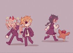  1boy artist_name bird black_hair black_necktie blonde_hair bucky_(chainsaw_man) chainsaw_man chicken collared_shirt demon_girl demon_horns denji_(chainsaw_man) dress eyepatch fang fourth_east_high_school_uniform headless highres horns long_hair looking_back mitaka_asa necktie open_mouth pants power_(chainsaw_man) red_horns running school_uniform shirt short_hair simple_background smile starglow talking twintails white_shirt 