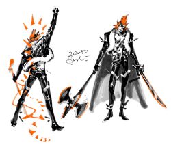  1boy arm_up axe back cape cropped_jacket eye_mask holding holding_axe holding_microphone_stand holding_sword holding_weapon kotteri leather leather_pants mask microphone_stand multiple_views one_piece orange_hair pants signature simple_background spot_color sword weapon x_drake 