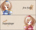  2girls arle_nadja armor brown_background brown_eyes brown_hair character_name doppelganger_arle expressionless kaheruchan multiple_girls puyopuyo short_hair violet_eyes 