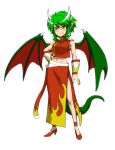  1girl draco_centauros dragon_tail dragon_wings dress fang full_body green_hair hand_on_hip highres horns itou_yuuji pointy_ears puyopuyo shoes short_hair slit_pupils smile solo tail white_background wings wrist_cuffs yellow_eyes 
